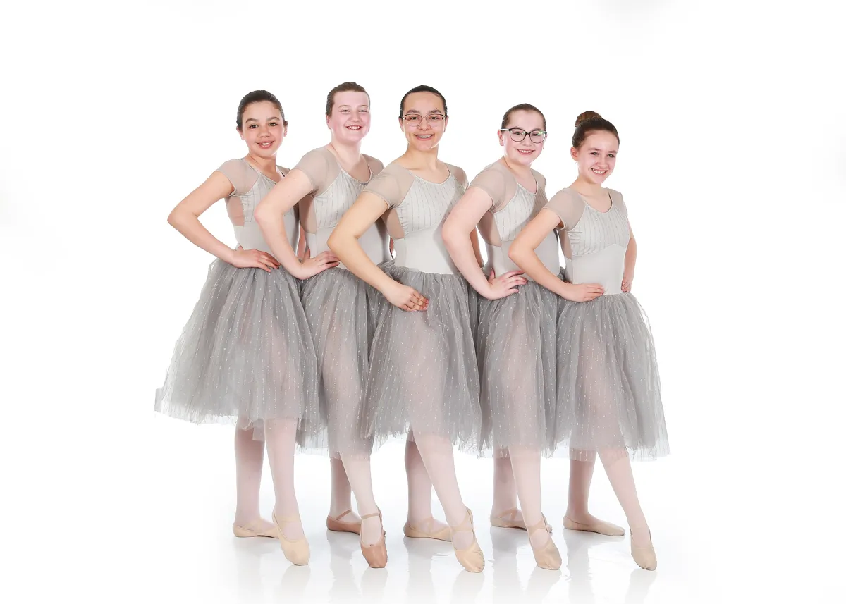 Dance class group in matching grey outfits